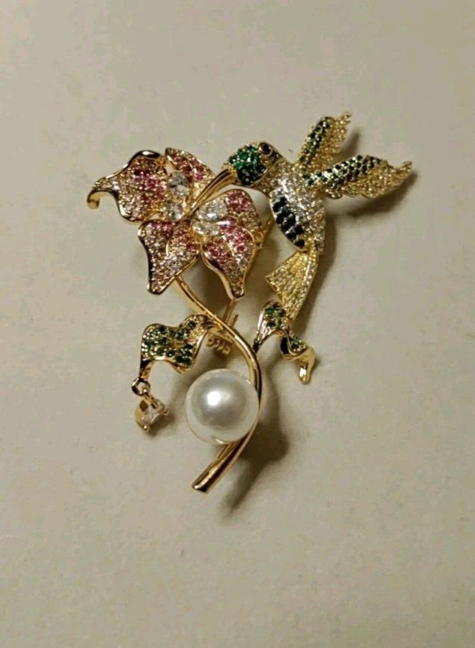 Multi Color Hummingbird Rhinestone Brooch With Faux Pearl
